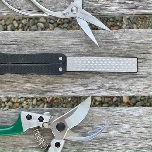 Garden Tool Sharpener - Diamond + Carbon Steel Hone Reversible Paddle For Sharpening Pruners, Clippers Mower Blades and Scissors