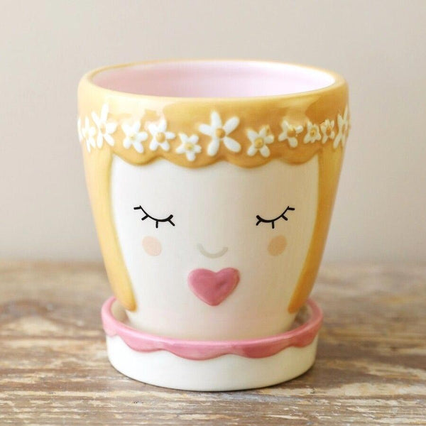 Pink Face Ceramic Planter & Saucer